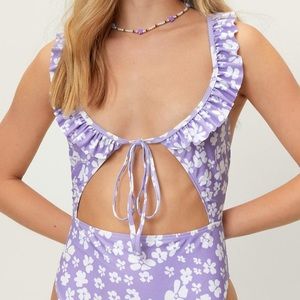 Recycled Daisy Ruffle Tie Cut Out One Piece - Never Worn